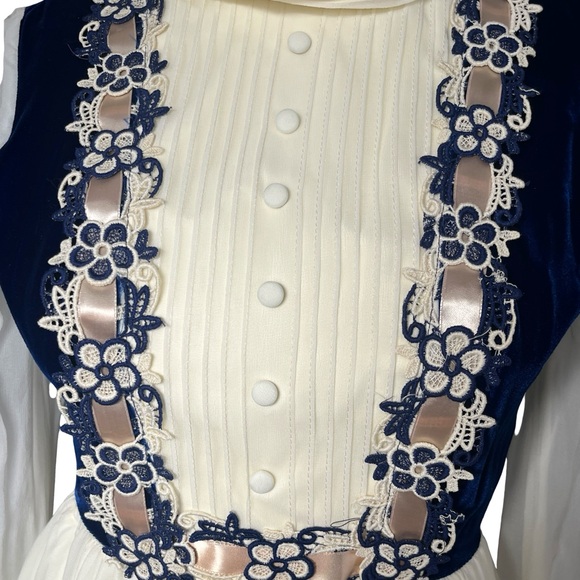 Vintage Velvet Chiffon Long Sleeve Maxi Dress Floral Applique Blue White - Picture 3 of 16